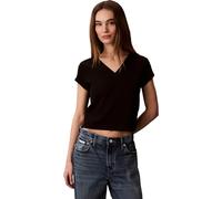 Calvin Klein Donna T-Shirt Maniche Corte Woven Label Rib Tee con Scollo a V, Nero (Black), XL