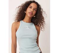 Calvin Klein Jeans - Canotta color blu acqua a coste con monogramma XS