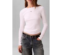 Calvin Klein LV047E205G Top da Donna con Etichetta Tessuta 2X2 Rib Crew Top LV047E205G, Bianco (Bianco Brillante), M, Bianco (Bianco Brillante), M