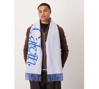 Calvin Klein - Sciarpa bianca e blu in lana con scritta del logo One Size