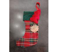 CALZA ARTIGIANALE PER LA BEFANA IN TESSUTO TARTAN CON INSERTI DECORATIVI 33X20CM