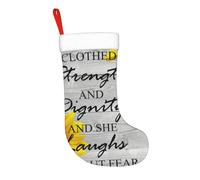 Calza della Befana da 17,7 pollici Lei è vestita di forza e dignità Proverbi 31-25 Calza della Befana da camino Decorazioni natalizie da appendere al camino per la famiglia Decorazioni per feste di