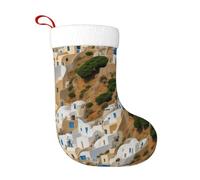 Calza della Befana di Natale con stampa di architettura greca, polsino in flanella di poliestere, design a stampa completa per decorazioni natalizie, albero, camino, 1 confezione