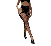 Calze a rete da donna in tinta unita scavate con bretelle trasparenti calze a rete sexy tuta da discoteca salto calze nere collant a rete per ragazza, Nero , Taglia unica