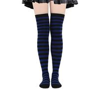 Calze al ginocchio da donna con strisce, calze alte sulla coscia, sopra il ginocchio, calze alte per le gambe, per Halloween, cosplay, feste, blu reale + nero B