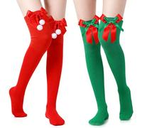 Calze Alte Natale, 2 PCS Calze Sopra Ginocchio Natale, Rosso e Verde Calzini Natalizi al Ginocchio con Fiocco, Babbo Natalizi, Calzini Sopra Ginocchio Donna, per Cosplay, Spettacoli Teatrali (C)
