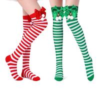 Calze Alte Natale, 2 PCS Calze Sopra Ginocchio Natale, Rosso e Verde Calzini Natalizi al Ginocchio con Fiocco, Babbo Natalizi, Calzini Sopra Ginocchio Donna, per Cosplay, Spettacoli Teatrali (A)