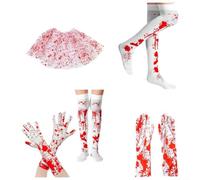 Calze autoreggenti rosse per Halloween, con abito in chiffon bianco e guanti per travestimento (calzetti)
