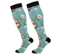 Calze Contenitive Cute Sloths Flower Resistente Compression Socks 50Cm | Antiscivolo Calzini Alti Sono Elastico Contenitive Donne Calzini Per Vene Varicose Trekking Recupero