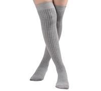 Calze lunghe sopra il ginocchio alla moda per le donne a costine a righe a righe tinta unita calze alte scaldamuscoli invernali autunno calzini lunghi scaldamuscoli, grigio, Taglia unica