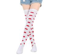 Calze lunghe sopra il ginocchio per San Valentino Carino Labbro Cuore Amore Modello Coscia Calze Alte Per Le Donne Feste E Abbigliamento Casual San Valentino Calze Lunghe, 5 labbra rosse soc bianco