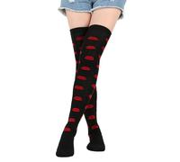 Calze lunghe sopra il ginocchio per San Valentino Carino Labbro Cuore Amore Modello Coscia Calze Alte Per Le Donne Feste E Abbigliamento Casual San Valentino Calze Lunghe, 6 labbra rosse soc nero