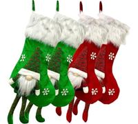 Calze natalizie lavorate a maglia - Bambola di un vecchio senza volto con polsini pelosi, anello per appenderle, decorazione per l'albero di Natale e sacchetto regalo decorato (rosso/verde)