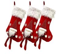 Calze natalizie lavorate a maglia - Bambola di un vecchio senza volto con polsini pelosi, anello per appenderle, decorazione per l'albero di Natale e sacchetto regalo decorato (rosso/verde)