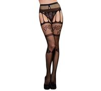 Calze Sexy a Rete Nero con Effetto Reggicalze Collant Donna Motivo Floreale e Fiocchi Elasticizzate Intimo Erotico Trasparente Lingerie Intima Seducente Nera Cosplay Erotici Provocante