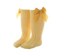 Calzini alti al ginocchio per neonate, confezione da 1 paio di calzini lunghi con fiocco, calzini con volant, leggings scolastici, calzini mangia-odori per bambini (giallo, 3-5 anni)