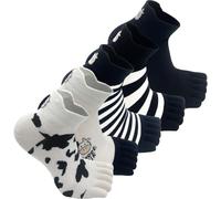 Calzini con Print di Mucca per Donna - 5 Paia di Calzini a Cinque Dita in Cotone con Ricamo di Mucca per Caviglia | Calzini Comodi e Traspiranti a Strisce per Yoga, Running e Uso Quotidiano