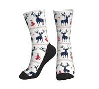Calzini da donna, uomo, atletico, a righe, blu navy, con renna e fiocco di neve, morbidi calzini da corsa con suola a metà polpaccio, da donna e uomo