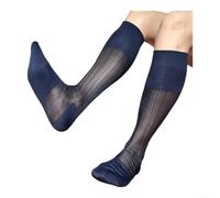 Calzini da uomo a righe velate, ultra sottili, in nylon, per lavoro, formali, traspiranti, setosi, per ufficio, nero, blu scuro, grigio, taglia unica (blu scuro)