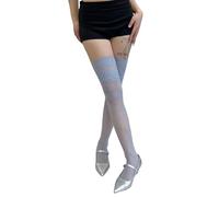 Calzini lunghi alla moda con design in pizzo pieno fiore per le donne puro colorato coscia alta sopra il ginocchio calze in pizzo, Azzurro, Taglia unica