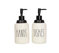 Cam n Honey Farmhouse Style - Set di Dispenser di Sapone Liquido in Ceramica per stoviglie e Mani - Perfetto per la Decorazione del bancone da Cucina (14oz, Bottiglie Bianche con Pompa Nera e Scritta