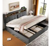 Cama de plataforma tapizada, almacenamiento Somier con toma lUSB C Función de carga en el cabezal, material de lino, Sin colchón (grigio+160 x 200 cm)