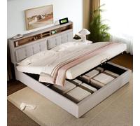 Cama de plataforma tapizada, almacenamiento Somier con toma lUSB C Función de carga en el cabezal, material de lino, Sin colchón (grigio+140 x 200 cm)