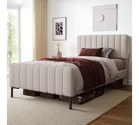 Cama de plataforma tapizada, Marco de cama moderno con celosía y cabezal de lino ajustable para dormitorio, Sin colchón(90 x 200 cm)