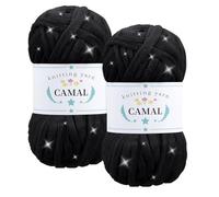 CAMAL 2 Pezzi Fettuccia per Borse a Uncinetto, Scintilla Fettuccia da Poliestere Tessuto 100g/60m Filato Grosso Lusso per Borse, Coperta, Stoffa, Artigianato Fai Da Te (Nero)