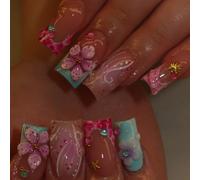 Cambia le tue unghie con 24 pezzi/set di unghie finte stile Y2K dolce e cool, estive, colorate, con decorazioni floreali 3D, sfumature francesi, onde d'acqua, stelle marine e conchiglie, lunghezza med