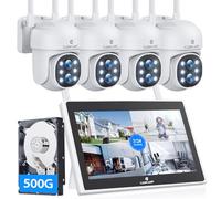 CAMCAMP Kit Videosorveglianza PTZ WiFi Esterno con 10" Monitor,10CH NVR 500GB HDD e 4X Telecamera Wi-Fi Interno,Tracciamento del Movimento con Sirena,Visione Notturna a Colori