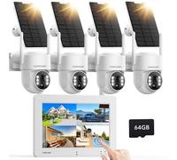 Camcamp Telecamera di sorveglianza esterna a energia solare con monitor, 4 MP, 4 pezzi, per esterni, con scheda SD da 64 GB, schermo touch NVR, visione notturna a colori, monitoraggio del movimento