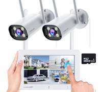 CAMCAMP Telecamera di sorveglianza esterna con monitor - 2 K 3 MP Outdoor senza Wi-Fi Camera con scheda 32 GB 7 pollici Touch Wifi NVR, visione notturna a colori, monitoraggio del movimento AI,