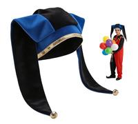 CAMDOM Cappello da giullare con campane nero e blu Arlecchino Fool Hat Medievale Carnevale Accessorio per costume di Carnevale con finiture dorate per adulti Halloween Festa in maschera