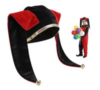 CAMDOM Cappello da giullare con campane nero e rosso Arlecchino Fool Hat Medievale Carnevale Accessorio per costume di Carnevale con finiture dorate per adulti Halloween Festa in maschera
