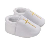 CAMDOM Scarpine per battesimo con croce ricamata, per prima comunione, Stile 02 - Oro Bianco, 6-9 mesi