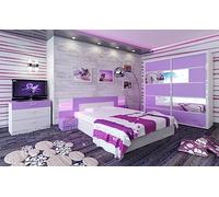 Camera da Letto Completa Colori Vivaci Lilla e Bianco con Armadio 2 Ante Scorrevoli Letto Contenitore Matrimoniale con Comodini Integrati e Cassettiera CDLU12 (camera + rete + materasso)