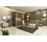 Camera da Letto Matrimoniale Completa con Armadio 2 Ante Battenti Letto Matrimoniale con Comodini e Comò Dotato di 2 Cassetti 1 Anta e 1 Specchio Cemento Scuro e Quercia Dorata CDLU31