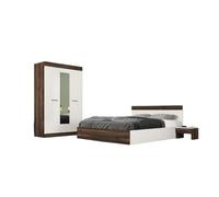 Camera da Letto Matrimoniale Completa con Armadio ad Ante Battenti Letto Contenitore con Comodini e Cassettiera Camera Effetto Legno Wengè e Lino Bianco CMG3 (Camera + rete e materasso)