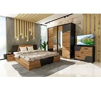 Camera da Letto Matrimoniale Completa Nera e Rovere Scuro con Armadio a 2 Ante Scorrevoli con Specchio Letto Matrimoniale 2 Comodini e 1 Comò CDLU33