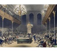 Camera dei Comuni. Circa 1808. Dopo un'opera di August Pugin e Thomas Rowlandson nel Microcosmo di Londra pubblicata in tre volumi tra il 1808 e il 1810 di Rudolph Ackermann. Pugin era il