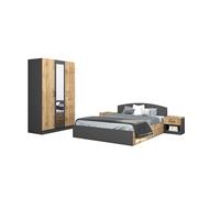 Camera Matrimoniale Completa con Letto Contenitore 160x200 cm, Armadio con 3 Ante Soft Close, 2 Comodini, Arredamento Camera da Letto Rovere e Antracite CMG41 (Solo camera)