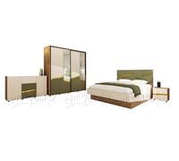 Camera Matrimoniale Completa con Letto Contenitore 160x200 cm, Sistema di Sollevamento, Comodini Integrati, Cassettiera e Armadio in Noce, Beige e Verde Oliva CDLU38 (Solo camera)