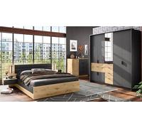 Camera Matrimoniale con Armadio ad Ante Battenti Letto 160x200cm Contenitore con Comodini Integrati e Cassettiera Set Arredo Moderno Rovere ed Antracite CDLI30 (Letto + materasso)