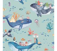 Cameretta Bambini Verde Blu Uovo Anatra Carta da Parati Unicorn Sirene Animali