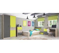Cameretta Completa Armadio 2 Ante Letto Singolo Cassettiera Scrivania Comodino 2 Cassetti Camera da Letto Bambini Rovere Grigio Grafite e VerdeCCI6 (camera + rete + materasso)