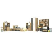 Cameretta Completa con Letto con Cassetto 90x200 cm, Comodino, 2 Scaffali con Ante e Cassetti, Armadio e Scrivania con Libreria Rovere, Bianco Lucido, Antracite CBG16 (Camera + Rete)