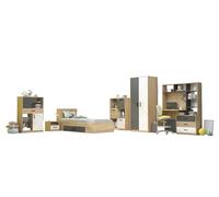 Cameretta Completa con Letto con Cassetto 90x200 cm, Comodino, 2 Scaffali con Ante e Cassetti, Armadio e Scrivania con Libreria Rovere, Bianco Lucido, Antracite CBG16 (CAmera + rete e materasso)