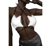 Cami Shirt Rave Hot Donna - Reggiseno da Ballo Sexy con Allacciatura al Collo Senza Schienale con Spalline Incrociate Sexydonna da Festival Outfit Opaco Donna (Silver,XS,1078r)