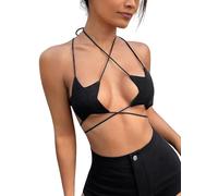 Cami Shirt Rave Hot Donna - Reggiseno da Ballo Sexy con Allacciatura al Collo Senza Schienale con Spalline Incrociate Sexydonna da Festival Outfit Opaco Donna (Black,L,1078r)